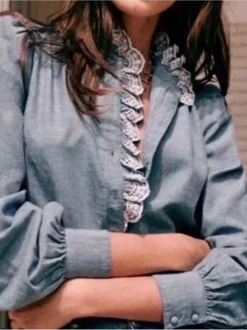 Sézane Chlo Chambray Blue Ruffle-Trim Button Front Blouse 38